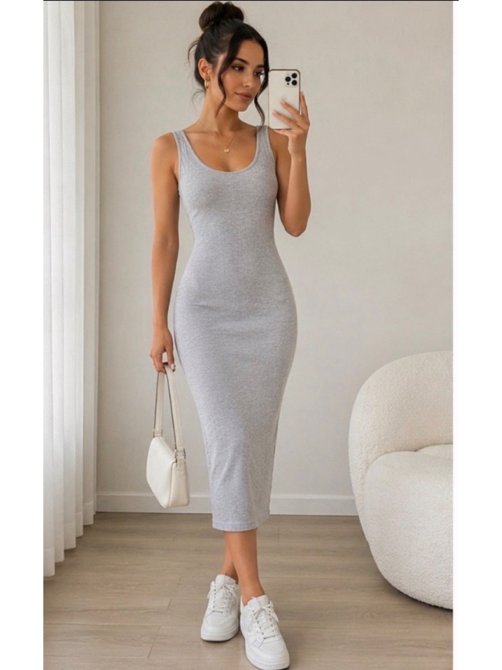 River Island Gray Ribbed Bodycon Midi Dress Stretchy Sleeveless Minimalist
